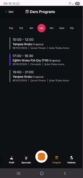 Sportix antrenör ders programı ekranı