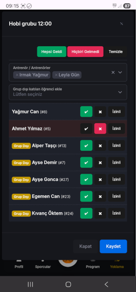 Sportix antrenör yoklama ekranı