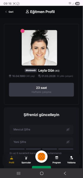 Sportix antrenör profil ekranı