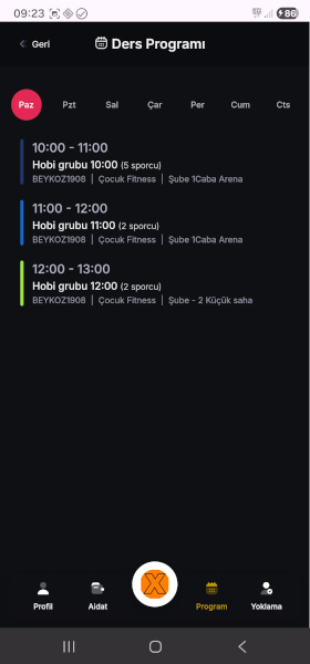 Sportix Veli ders programı ekranı